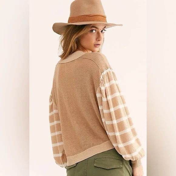 NEW FREE PEOPLE between the lines stripe sweater birch bark combo sand nautical - Picture 4 of 10